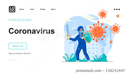 Coronavirus web concept. Medic in protective suit fights shield and sword with viral infection. Template of people scenes. Vector illustration with character activities in flat design for website Coronavirus web concept. Medic in protective suit fights shield and sword with viral infection. Template of people scenes. Vector illustration with character activities in flat design for website 138252447