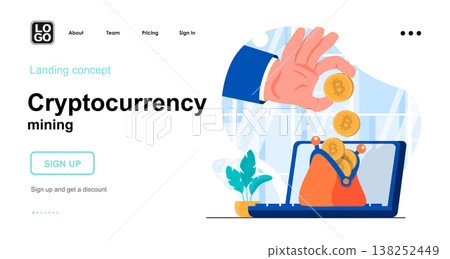 Cryptocurrency mining web concept. Businessman hand puts coins in wallet, digital financial growth. Template of people scenes. Vector illustration with character activities in flat design for website 138252449