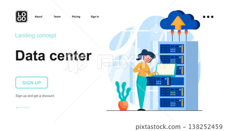 Data center web concept. Datacenter with equipment, server room with hardware, cloud computing. Template of people scenes. Vector illustration with character activities in flat design for website 138252459