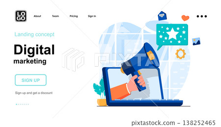 Digital marketing web concept. Advertising and promotion in social networks, attracting new clients. Template of people scenes. Vector illustration with character activities in flat design for website 138252465