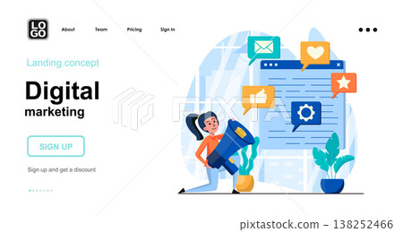 Digital marketing web concept. Marketer attracts clients, advertising campaign in social networks. Template of people scenes. Vector illustration with character activities in flat design for website Digital marketing web concept. Marketer attracts clients, advertising campaign in social networks. Template of people scenes. Vector illustration with character activities in flat design for website 138252466