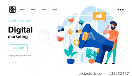Digital marketing web concept. Man makes advertising campaign, online communication and promotion. Template of people scenes. Vector illustration with character activities in flat design for website Digital marketing web concept. Man makes advertising campaign, online communication and promotion. Template of people scenes. Vector illustration with character activities in flat design for website 138252467