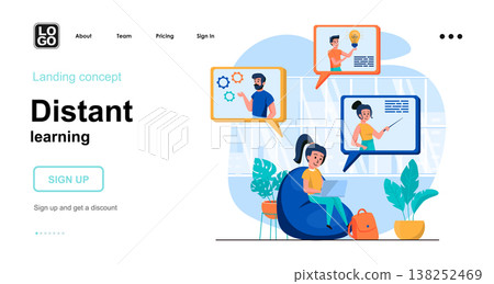 Distant learning web concept. Students study online, watch webinars and training videos, e-learning. Template of people scenes. Vector illustration with character activities in flat design for website Distant learning web concept. Students study online, watch webinars and training videos, e-learning. Template of people scenes. Vector illustration with character activities in flat design for website 138252469