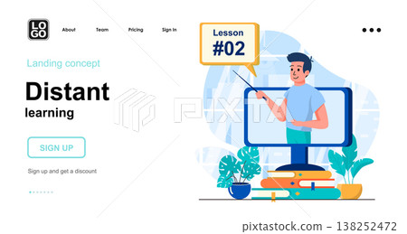 Distant learning web concept. Online education and homeschooling, watch training tutorial at home. Template of people scenes. Vector illustration with character activities in flat design for website Distant learning web concept. Online education and homeschooling, watch training tutorial at home. Template of people scenes. Vector illustration with character activities in flat design for website 138252472