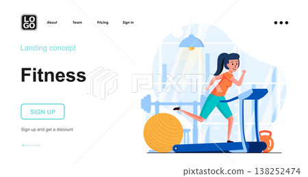 Fitness training web concept. Woman jogging on treadmill in gym, cardio training, healthy lifestyle. Template of people scenes. Vector illustration with character activities in flat design for website Fitness training web concept. Woman jogging on treadmill in gym, cardio training, healthy lifestyle. Template of people scenes. Vector illustration with character activities in flat design for website 138252474