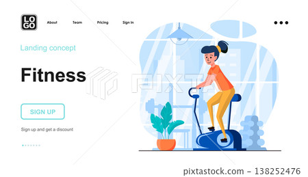 Fitness web concept. Woman exercising on sports machine in gym, doing cardio workout, training. Template of people scenes. Vector illustration with character activities in flat design for website 138252476