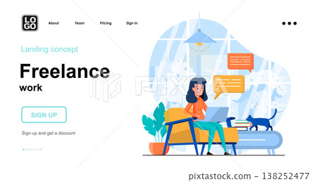 Freelance work web concept. Woman working on laptop from home office, freelancer or remote worker. Template of people scenes. Vector illustration with character activities in flat design for website Freelance work web concept. Woman working on laptop from home office, freelancer or remote worker. Template of people scenes. Vector illustration with character activities in flat design for website 138252477