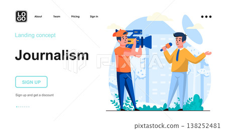 Journalism web concept. Reporter records report on camera, TV news program, press and mass media. Template of people scenes. Vector illustration with character activities in flat design for website Journalism web concept. Reporter records report on camera, TV news program, press and mass media. Template of people scenes. Vector illustration with character activities in flat design for website 138252481
