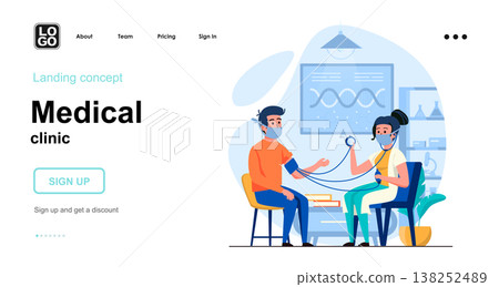 Medical clinic web concept. Nurse measures blood pressure to patient, diagnostics, health checkup. Template of people scenes. Vector illustration with character activities in flat design for website Medical clinic web concept. Nurse measures blood pressure to patient, diagnostics, health checkup. Template of people scenes. Vector illustration with character activities in flat design for website 138252489
