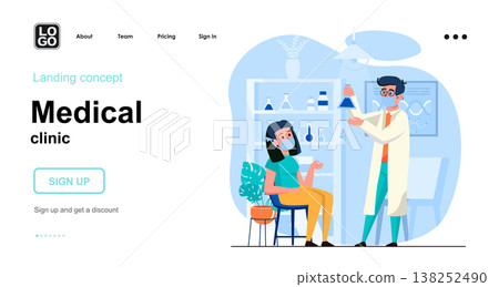 Medical clinic web concept. Doctor doing medical tests in laboratory, diagnostics, health checkup. Template of people scenes. Vector illustration with character activities in flat design for website Medical clinic web concept. Doctor doing medical tests in laboratory, diagnostics, health checkup. Template of people scenes. Vector illustration with character activities in flat design for website 138252490