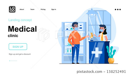 Medical clinic web concept. Patient buying medicines in pharmacy, pharmacist consulting buyer. Template of people scenes. Vector illustration with character activities in flat design for website Medical clinic web concept. Patient buying medicines in pharmacy, pharmacist consulting buyer. Template of people scenes. Vector illustration with character activities in flat design for website 138252491