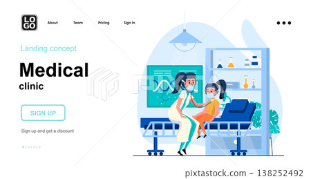 Medical clinic web concept. Pediatrician examines child, listens via stethoscope, health checkup. Template of people scenes. Vector illustration with character activities in flat design for website Medical clinic web concept. Pediatrician examines child, listens via stethoscope, health checkup. Template of people scenes. Vector illustration with character activities in flat design for website 138252492