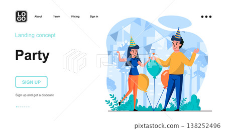 Party web concept. Couple in festive hats drinking and dancing together and celebrating holiday. Template of people scenes. Vector illustration with character activities in flat design for website Party web concept. Couple in festive hats drinking and dancing together and celebrating holiday. Template of people scenes. Vector illustration with character activities in flat design for website 138252496