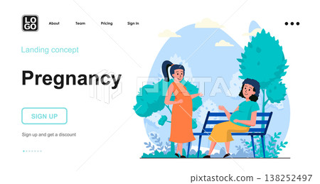 Pregnancy web concept. Pregnant women walk together in city park, motherhood and expecting newborn. Template of people scenes. Vector illustration with character activities in flat design for website Pregnancy web concept. Pregnant women walk together in city park, motherhood and expecting newborn. Template of people scenes. Vector illustration with character activities in flat design for website 138252497