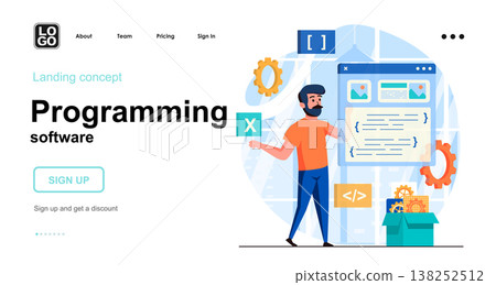 Programming software web concept. Developer creates interface of application, program or website. Template of people scenes. Vector illustration with character activities in flat design for website Programming software web concept. Developer creates interface of application, program or website. Template of people scenes. Vector illustration with character activities in flat design for website 138252512