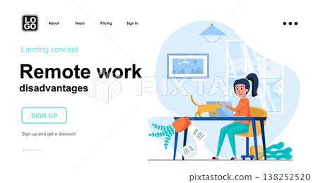 Remote work disadvantages web concept. Woman works at laptop and distracted by cat in home office. Template of people scenes. Vector illustration with character activities in flat design for website Remote work disadvantages web concept. Woman works at laptop and distracted by cat in home office. Template of people scenes. Vector illustration with character activities in flat design for website 138252520