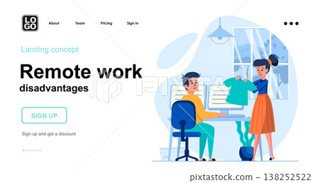 Remote work disadvantages web concept. Man works at home and is distracted by wife choosing dress. Template of people scenes. Vector illustration with character activities in flat design for website 138252522