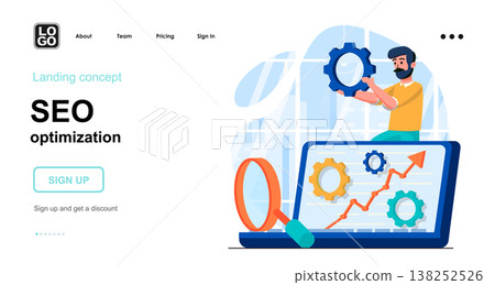 Seo optimization web concept. Man making search settings, increase website traffic, page promotion. Template of people scenes. Vector illustration with character activities in flat design for website Seo optimization web concept. Man making search settings, increase website traffic, page promotion. Template of people scenes. Vector illustration with character activities in flat design for website 138252526