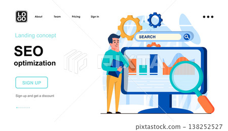 Seo optimization web concept. Man analyzing data, search settings, website traffic, page promotion. Template of people scenes. Vector illustration with character activities in flat design for website Seo optimization web concept. Man analyzing data, search settings, website traffic, page promotion. Template of people scenes. Vector illustration with character activities in flat design for website 138252527