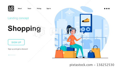 Shopping web concept. Woman buys shoes in store, online chooses order using mobile application. Template of people scenes. Vector illustration with character activities in flat design for website Shopping web concept. Woman buys shoes in store, online chooses order using mobile application. Template of people scenes. Vector illustration with character activities in flat design for website 138252530