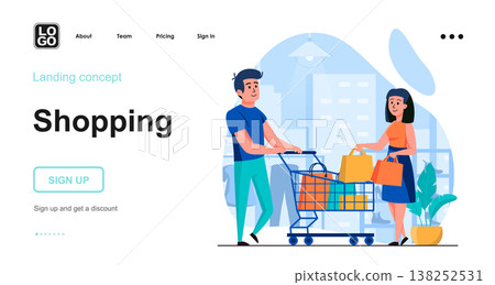 Shopping web concept. Couple making purchase in store, stacking bags in cart, sale discount price. Template of people scenes. Vector illustration with character activities in flat design for website Shopping web concept. Couple making purchase in store, stacking bags in cart, sale discount price. Template of people scenes. Vector illustration with character activities in flat design for website 138252531