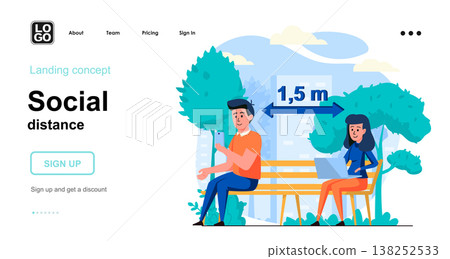 Social distance web concept. People distancing at city park, coronavirus epidemic prevention. Template of human scenes. Vector illustration with character activities in flat design for website Social distance web concept. People distancing at city park, coronavirus epidemic prevention. Template of human scenes. Vector illustration with character activities in flat design for website 138252533