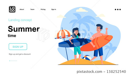 Summer time web concept. Couple surfing, resting at seaside resort, ocean vacation, family activity. Template of people scenes. Vector illustration with character activities in flat design for website 138252540