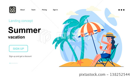 Summer vacation web concept. Woman sunbathes in lounger under umbrella, resting at seaside resort. Template of people scenes. Vector illustration with character activities in flat design for website Summer vacation web concept. Woman sunbathes in lounger under umbrella, resting at seaside resort. Template of people scenes. Vector illustration with character activities in flat design for website 138252544