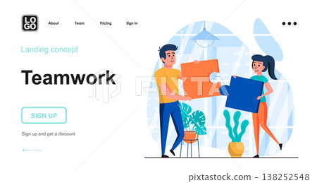 Teamwork web concept. Man and woman connecting puzzles, metaphor of business collaboration. Template of people scenes. Vector illustration with character activities in flat design for website Teamwork web concept. Man and woman connecting puzzles, metaphor of business collaboration. Template of people scenes. Vector illustration with character activities in flat design for website 138252548