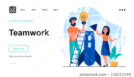 Teamwork web concept. Man and woman launch startup, develop new business together, cooperation. Template of people scenes. Vector illustration with character activities in flat design for website 138252549