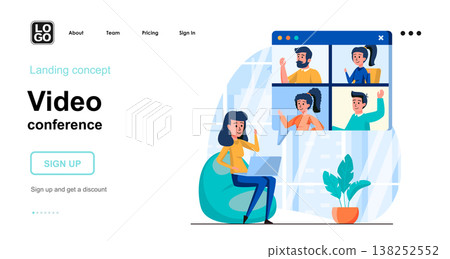 Video conference web concept. Woman communicates with friends online, meeting with colleagues. Template of people scenes. Vector illustration with character activities in flat design for website Video conference web concept. Woman communicates with friends online, meeting with colleagues. Template of people scenes. Vector illustration with character activities in flat design for website 138252552