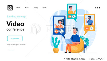 Video conference web concept. Man calls up with friends or colleagues online from laptop at home. Template of people scenes. Vector illustration with character activities in flat design for website 138252553