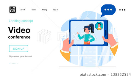 Video conference web concept. Online communication with friends using video on the tablet screen. Template of people scenes. Vector illustration with character activities in flat design for website Video conference web concept. Online communication with friends using video on the tablet screen. Template of people scenes. Vector illustration with character activities in flat design for website 138252554