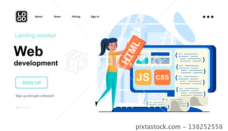 Web development concept. Woman creates layout of webpage, customization and process optimization. Template of people scenes. Vector illustration with character activities in flat design for website Web development concept. Woman creates layout of webpage, customization and process optimization. Template of people scenes. Vector illustration with character activities in flat design for website 138252558
