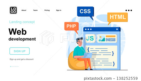 Web development concept. Man develops product, webpage layout, posting content, coding code. Template of people scenes. Vector illustration with character activities in flat design for website 138252559