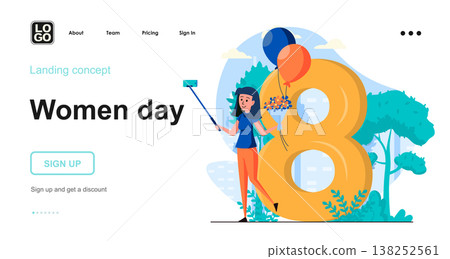 Women day web concept. Woman making selfie with bouquet near march 8 frame, celebrating holiday. Template of people scenes. Vector illustration with character activities in flat design for website Women day web concept. Woman making selfie with bouquet near march 8 frame, celebrating holiday. Template of people scenes. Vector illustration with character activities in flat design for website 138252561