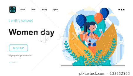 Women day web concept. Woman celebrating international holiday on March 8, festive decorations. Template of people scenes. Vector illustration with character activities in flat design for website Women day web concept. Woman celebrating international holiday on March 8, festive decorations. Template of people scenes. Vector illustration with character activities in flat design for website 138252563