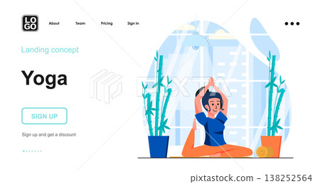Yoga web concept. Woman doing asana, performing fitness workout, exercising and training for body. Template of people scenes. Vector illustration with character activities in flat design for website Yoga web concept. Woman doing asana, performing fitness workout, exercising and training for body. Template of people scenes. Vector illustration with character activities in flat design for website 138252564