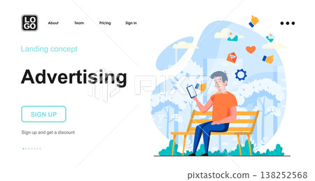 Advertising web concept. Internet marketing and promotion in social networks at mobile apps. Template of people scenes. Vector illustration with character activities in flat design for website 138252568