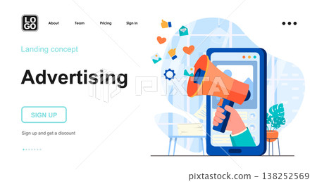 Advertising web concept. Attracting new customers, promoting in social networks at mobile apps. Template of people scenes. Vector illustration with character activities in flat design for website Advertising web concept. Attracting new customers, promoting in social networks at mobile apps. Template of people scenes. Vector illustration with character activities in flat design for website 138252569