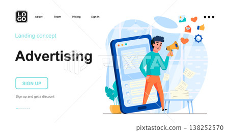 Advertising web concept. Man makes ad campaign, attracting new customers, promoting at mobile apps. Template of people scenes. Vector illustration with character activities in flat design for website 138252570