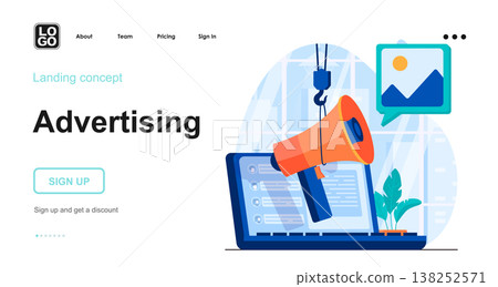 Advertising web concept. Online ad campaign, attracting new customers, business promotion service. Template of people scenes. Vector illustration with character activities in flat design for website Advertising web concept. Online ad campaign, attracting new customers, business promotion service. Template of people scenes. Vector illustration with character activities in flat design for website 138252571