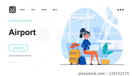 Airport web concept. Woman traveler with luggage sits in waiting room before boarding plane. Template of people scenes. Vector illustration with character activities in flat design for website 138252573