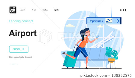 Airport web concept. Woman with luggage hurries to boarding at departure gate, flights and travel. Template of people scenes. Vector illustration with character activities in flat design for website Airport web concept. Woman with luggage hurries to boarding at departure gate, flights and travel. Template of people scenes. Vector illustration with character activities in flat design for website 138252575