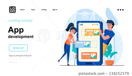 App development web concept. Team develop layout of smartphone interface, places elements on screen. Template of people scene. Vector illustration with character activities in flat design for website App development web concept. Team develop layout of smartphone interface, places elements on screen. Template of people scene. Vector illustration with character activities in flat design for website 138252579
