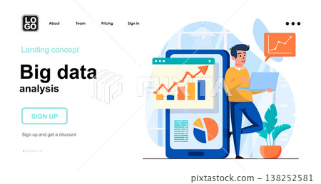 Big Data analysis web concept. Financial accounting in mobile app, analysis growth charts statistics. Template of people scene. Vector illustration with character activities in flat design for website Big Data analysis web concept. Financial accounting in mobile app, analysis growth charts statistics. Template of people scene. Vector illustration with character activities in flat design for website 138252581