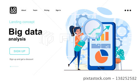 Big Data analysis web concept. Woman research statistics in mobile app. Business analytics graph. Template of people scene. Vector illustration with character activities in flat design for website 138252582