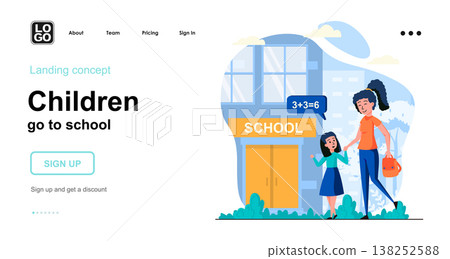 Children go to school web concept. Mother takes her daughter to school in morning. Primary education. Template of people scene. Vector illustration with character activities in flat design for website Children go to school web concept. Mother takes her daughter to school in morning. Primary education. Template of people scene. Vector illustration with character activities in flat design for website 138252588