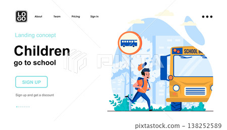 Children go to school web concept. Boy hurrying to school bus. Schoolboy is late for lessons. Template of people scene. Vector illustration with character activities in flat design for website Children go to school web concept. Boy hurrying to school bus. Schoolboy is late for lessons. Template of people scene. Vector illustration with character activities in flat design for website 138252589