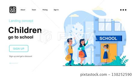 Children go to school web concept. Schoolchildren go to lessons together. Teacher greets pupils. Template of people scene. Vector illustration with character activities in flat design for website Children go to school web concept. Schoolchildren go to lessons together. Teacher greets pupils. Template of people scene. Vector illustration with character activities in flat design for website 138252590